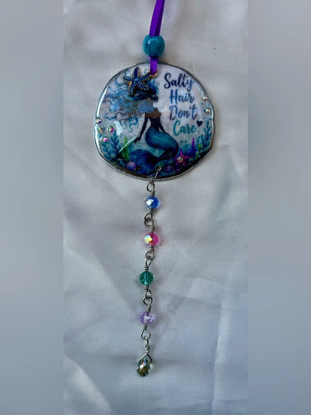 Blue & Green Decoupage Mermaid Crystal Sand Dollar Suncatcher